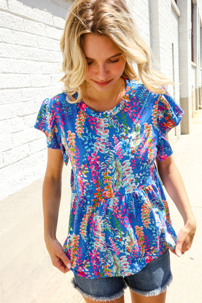 Perfect Find Blue Floral Leaf Print Short Sleeve Babydoll Top