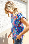 Perfect Find Blue Floral Leaf Print Short Sleeve Babydoll Top