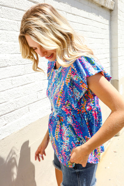 Perfect Find Blue Floral Leaf Print Short Sleeve Babydoll Top