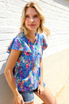 Perfect Find Blue Floral Leaf Print Short Sleeve Babydoll Top