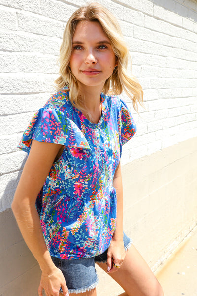 Perfect Find Blue Floral Leaf Print Short Sleeve Babydoll Top