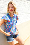 Perfect Find Blue Floral Leaf Print Short Sleeve Babydoll Top