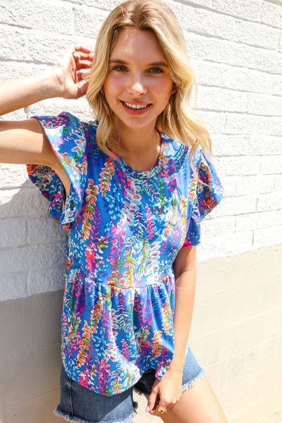 Perfect Find Blue Floral Leaf Print Short Sleeve Babydoll Top