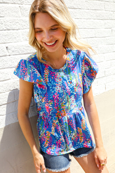 Perfect Find Blue Floral Leaf Print Short Sleeve Babydoll Top