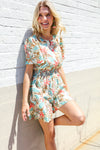 Get Whimsical Tropical Print Smocked Waist Neck Button Romper