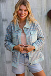 Put Together Turquoise Twill Banded Snap Button Jacket