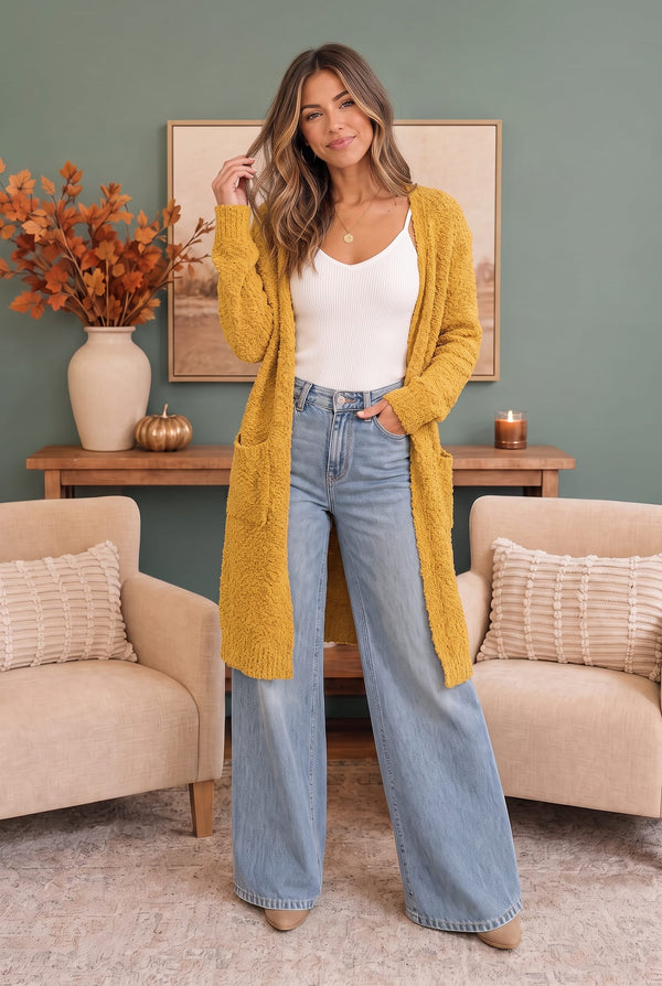 Falling For You Yellow Boucle Longline Cardigan