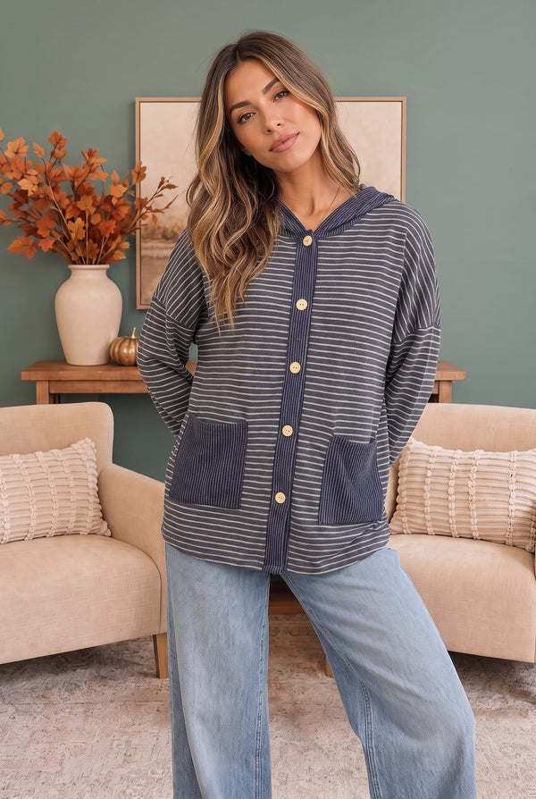 Crafting Corner Stripe Button Front Hoodie