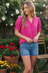 Ruffle Front Button Top in Hot Pink