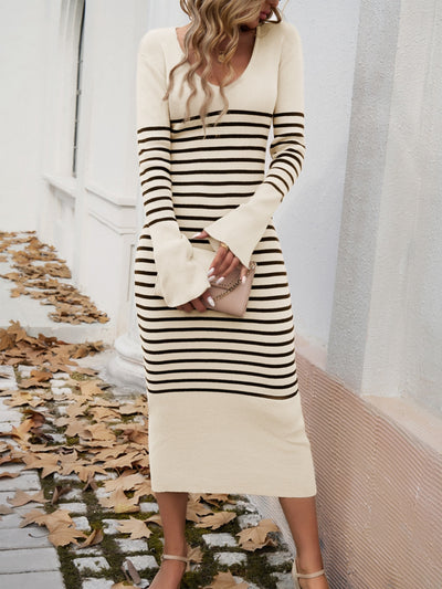 Devine Striped V-Neck Long Sleeve Dress