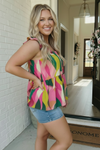 Abstract Print Ruffle Sleeve Babydoll Top