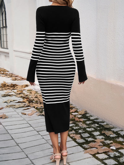 Devine Striped V-Neck Long Sleeve Dress