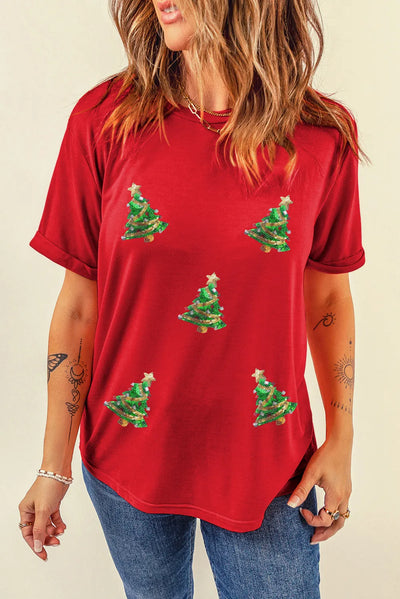 Sequin Christmas Tree Round Neck Short Sleeve T-Shirt