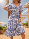 Perfee Printed V-Neck Short Sleeve Midi Dress