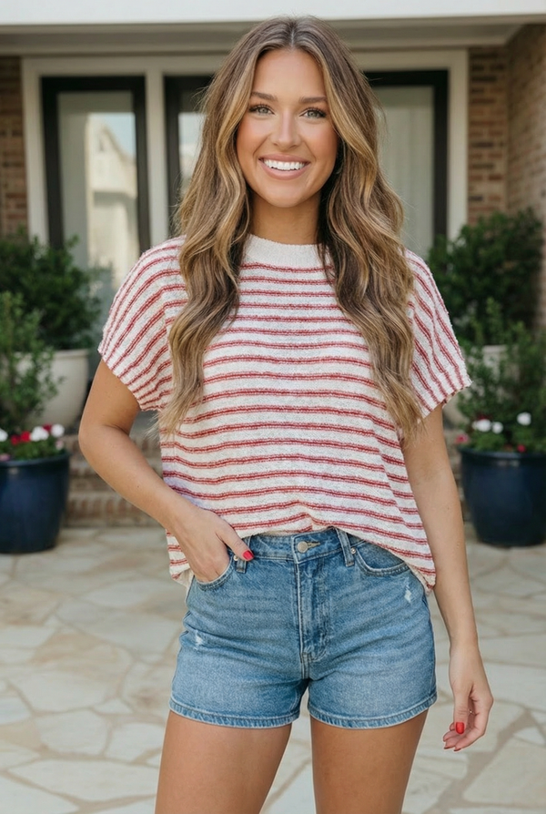 Breezy Stripe Knit Top in Ivory and Red