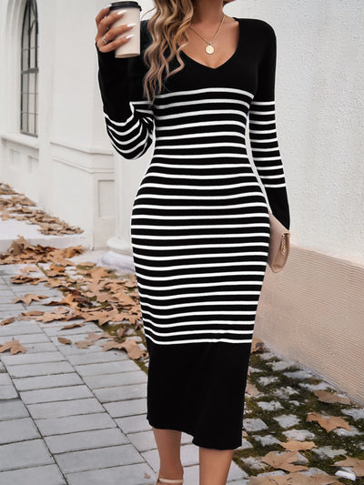 Devine Striped V-Neck Long Sleeve Dress