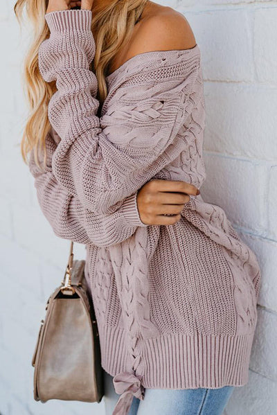 Cable Knit Lace Up V-Neck Sweater