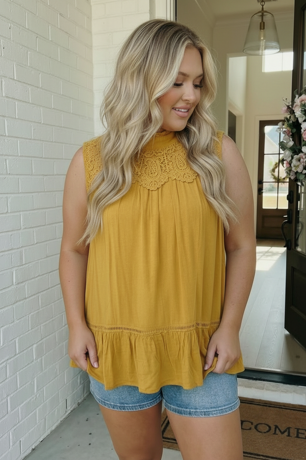 Golden Hour Lace Yoke Babydoll Top