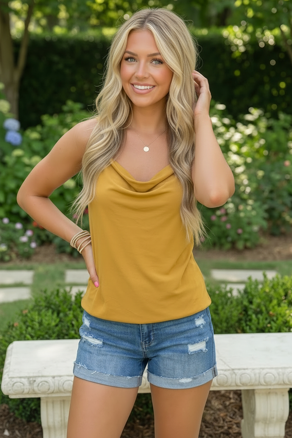 Sunkissed Satin Cowl Neck Cami in Mustard