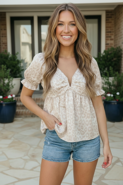 Satin Animal Print Puff Sleeve Babydoll Top