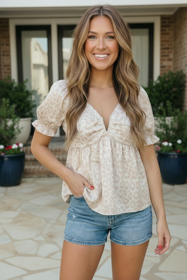 Satin Animal Print Puff Sleeve Babydoll Top