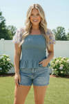 Smocked Peplum Top with Floral Puff Sleeves