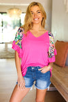 Casual Savvy Fuchsia Floral Print Ruffle Sleeve V Neck Top