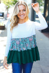 Charming Hunter Green Floral Frill Tiered Color Block Top