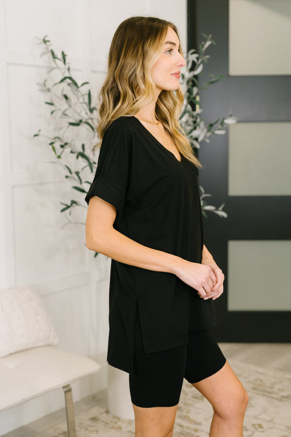 Buttery Soft V-Neck Bike Short Set in Black