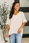 Counter Part Crinkle Woven V-Neck Top in Sand Beige