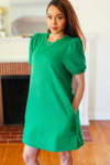 Boldy You Kelly Green Textured Puff Sleeve Dress