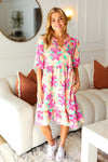 Lovely Lady Mint & Fuchsia Floral Notch Neck Woven Dress