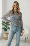 I've Got the Blues Floral Smocked Blouse