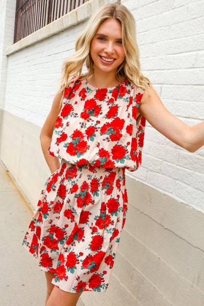 Whimsical in Red Floral Print Sleeveless Smocked Waist Dress