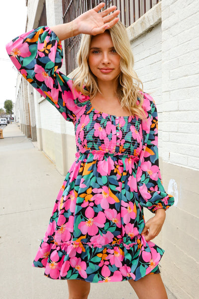 Beautiful You Floral Smocked Square Neck Ruffle Frill Dress