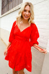 Love Found Red Crepe Sweetheart Wrap Yoke Puff Sleeve Lined Dress