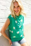 Flower Power Green Jacquard Knit Crochet Hem Sleeveless Top