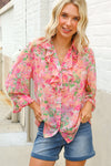 Classy Chic Rose Floral Ruffle Button Down Chiffon Top
