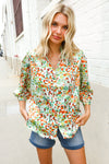 Elegant You Ivory & Green Abstract Print Button Loop Notch Neck Top
