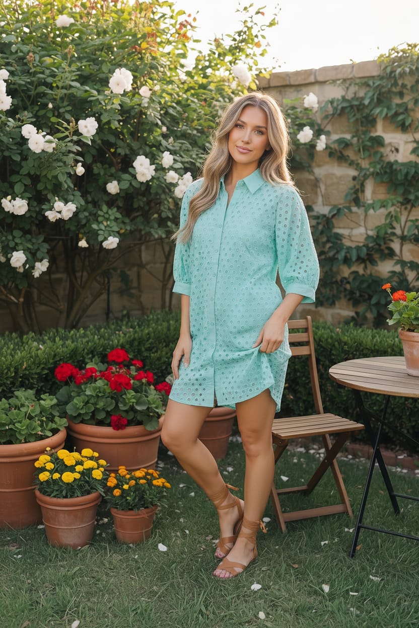 Mint Eyelet Button Front Shirt Dress Mint Eyelet Button Front Shirt Dress