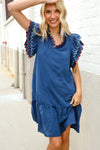 Stand Out Navy Embroidered Double Flutter Sleeve Babydoll Dress