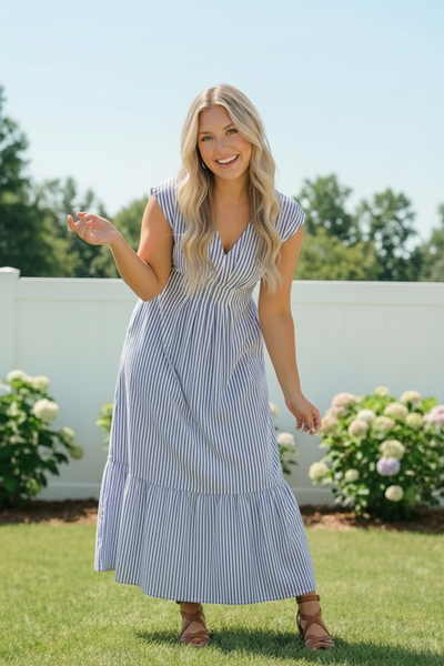 Sunny Days Striped Midi Dress in Blue