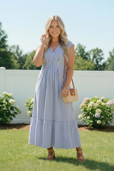 Sunny Days Striped Midi Dress in Blue