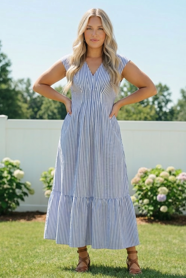 Sunny Days Striped Midi Dress in Blue