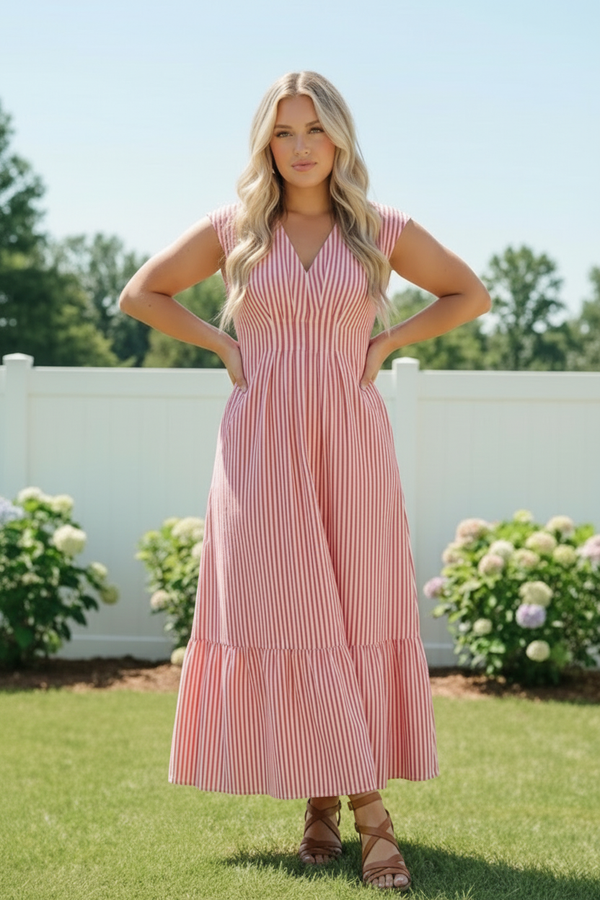 Sweet Stripe Tiered Maxi Dress in Red