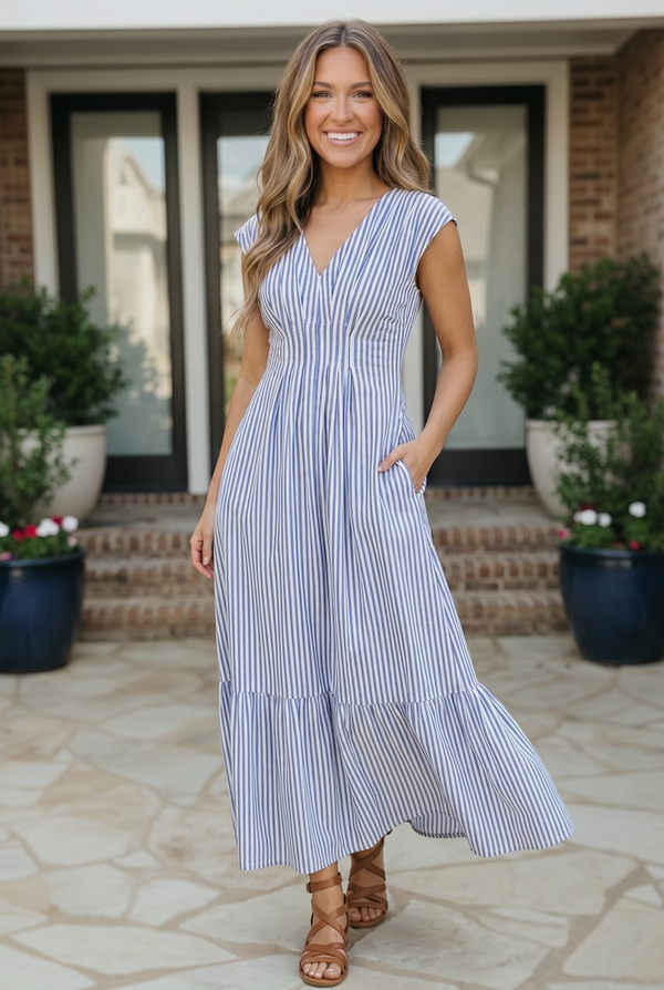 Sunny Days Striped Midi Dress in Blue