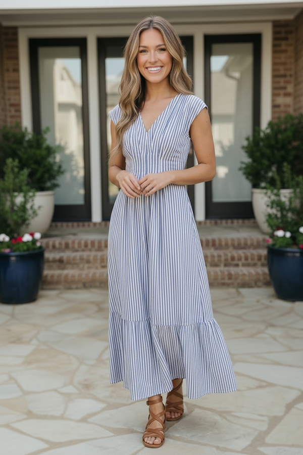 Sunny Days Striped Midi Dress in Blue
