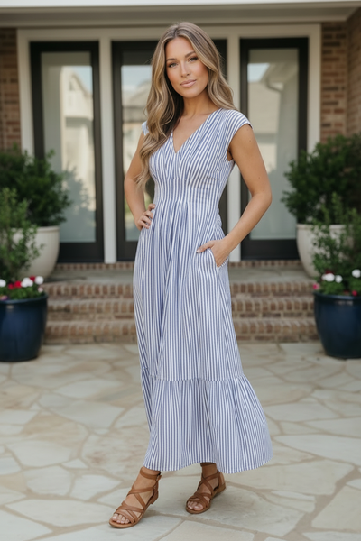 Sunny Days Striped Midi Dress in Blue