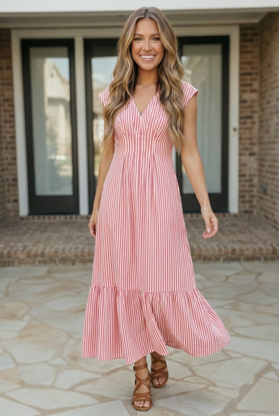 Sweet Stripe Tiered Maxi Dress in Red