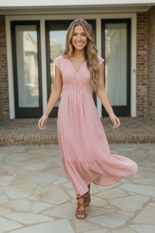 Sweet Stripe Tiered Maxi Dress in Red